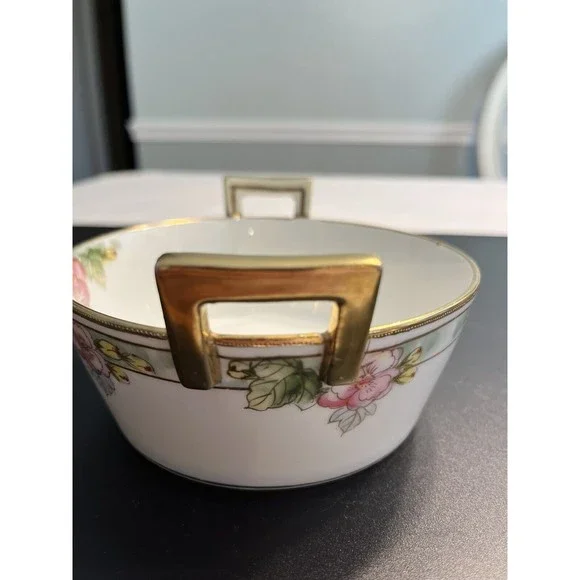 Vtg Nippon Double Handled Hand Painted Roses Floral Candy Trinket Dish Bowl - Picture 9 of 10